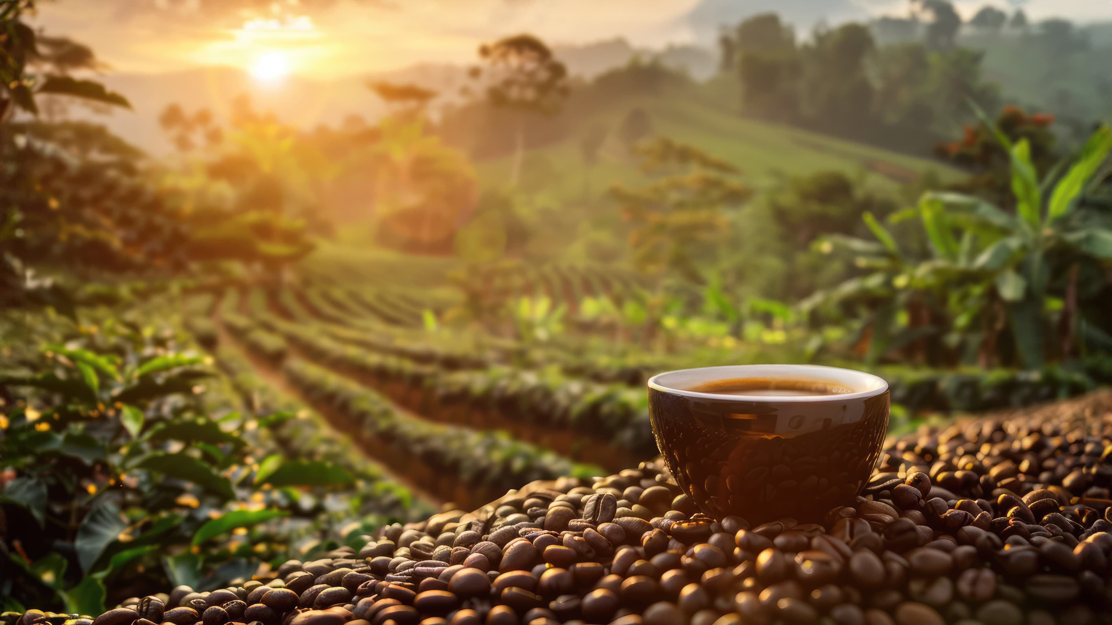 Coffee bed with a cup and coffee fields in the background