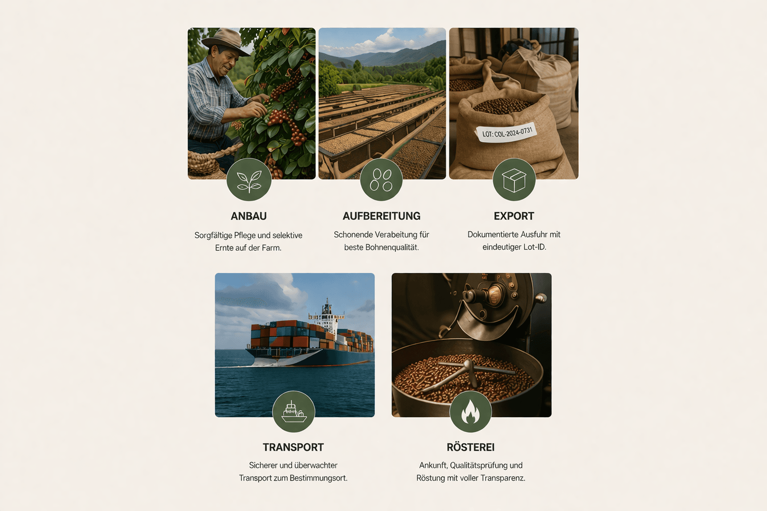 Infografik zur Rückverfolgbarkeit entlang der Kaffeelieferkette von Anbau bis Rösterei