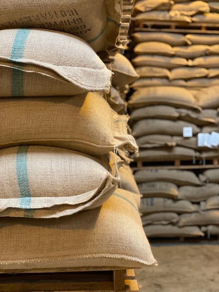 Gestapelte Säcke mit Rohkaffee in einem Lager